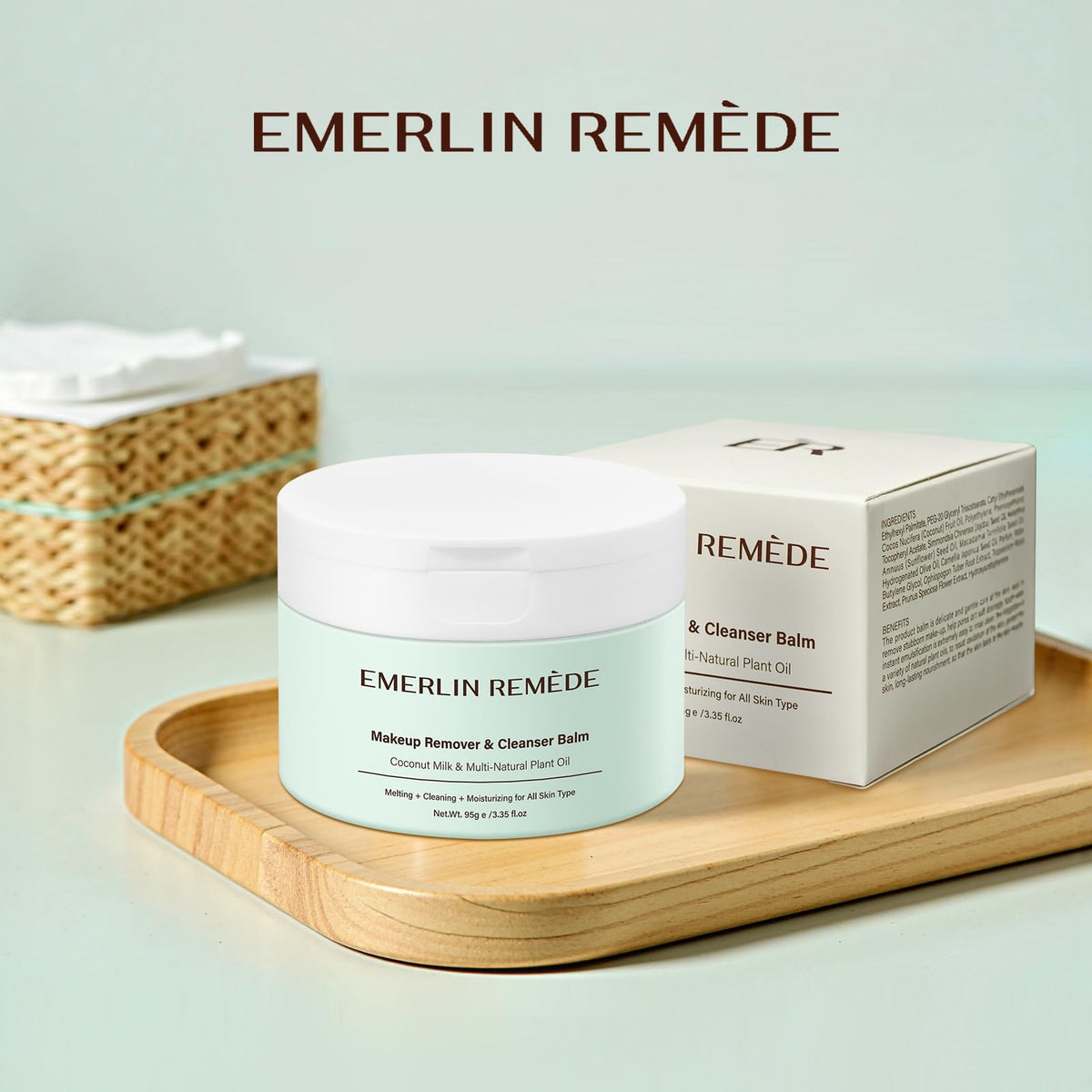 Emerlin Remède Makeup Remover & Cleanser Balm with Coconut Milk & Multi Natrual Plant Oil for Melting, Cleaning And Moisturizing For All Skin Type