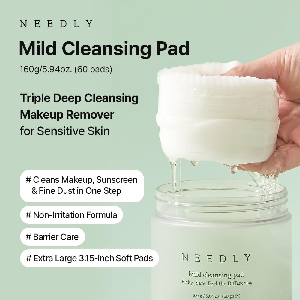 NEEDLY Mild Cleansing Pad, Makeup Remover for Sensitive Skin (60 Pads), Triple Deep Cleansing, Barrier Care with Only Two Surfactants & Panthenol, Extra-Large Soft Vegan Pad, Korean Skincare