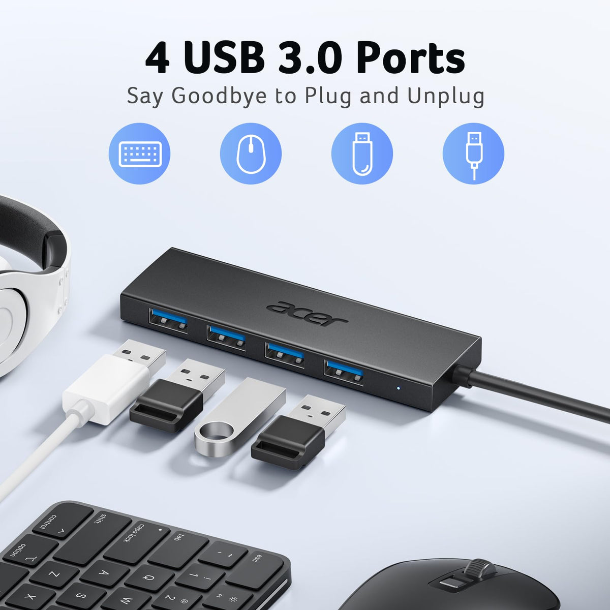 Acer USB Hub 4 Ports, Multiple USB 3.0 Hub, USBA Splitter for Laptop/PC 2FT