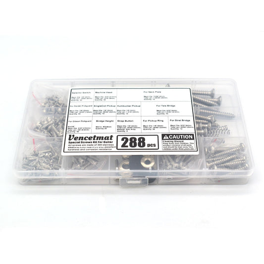 Vencetmat Guitar Screws Kit 304 Stainless Steel Luthier Parts-kit for Tele/Strat/SQ,Switch,Tuner,Machine Head, Neck Plate,Pickguard,Guitar Strap End Pins,Pickup,Bridge,Guitar DIY Kit(Metric, Chrome)