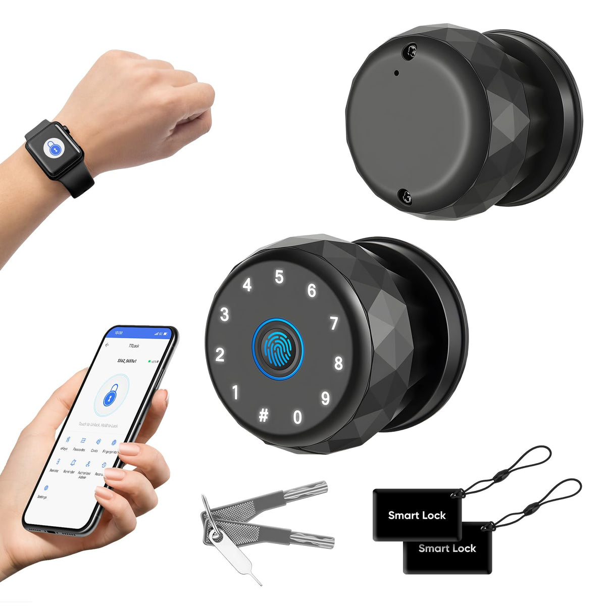 Smart Door Knob Fingerprint Door Lock with Keypad,6 in 1 to Unlock for Home