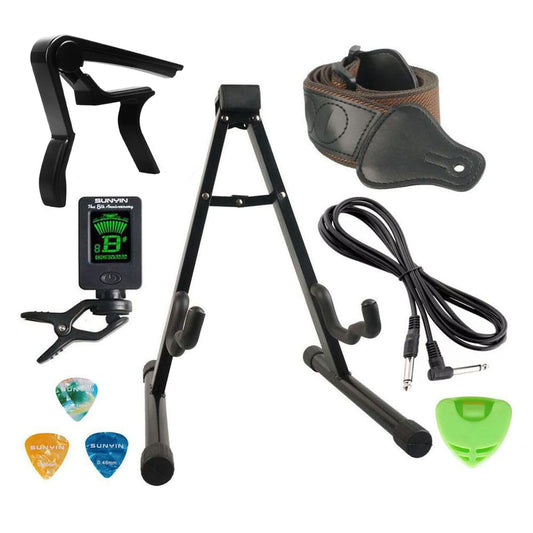 SUNYIN Guitar Stand Accesssories Kit Electric Acoustic A-Frame Guitar Stand 10-Feet Guitar Cord Guitar Capo Guitar Starp Guitar Tuner 3 Guitar Picks Begineer Guitar Accessories