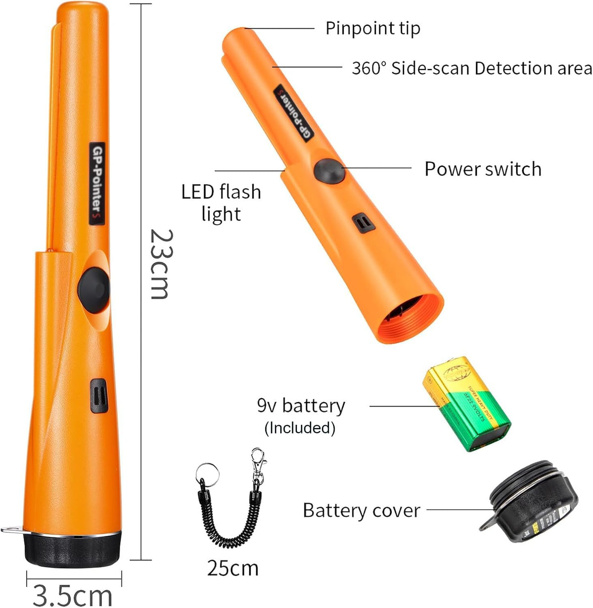 JYVY Power Pro GP-Pointers Metal Detector Pinpointer – Waterproof 360° High Accuracy Search Probe for Treasure Hunting, Professional Handheld Pinpointer Wand, with 9V Battery (Space Black)