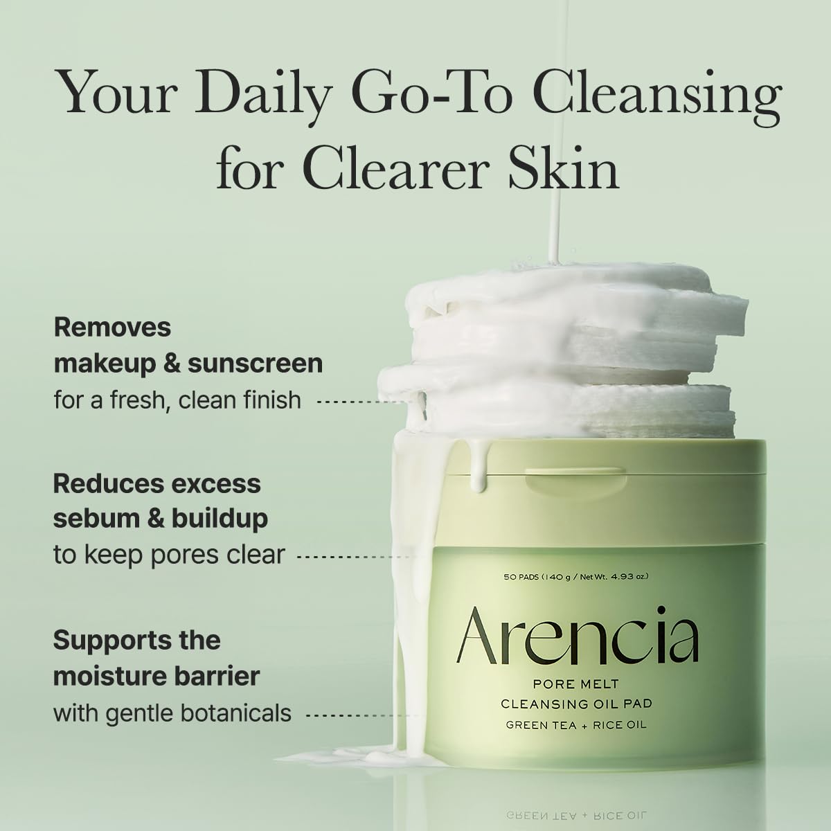 Arencia Pore Melt Cleansing Oil Pad, Easy Makeup Removing with Cleansing Wipes with Green Tea, Rice, Ceramide, 50 Pads