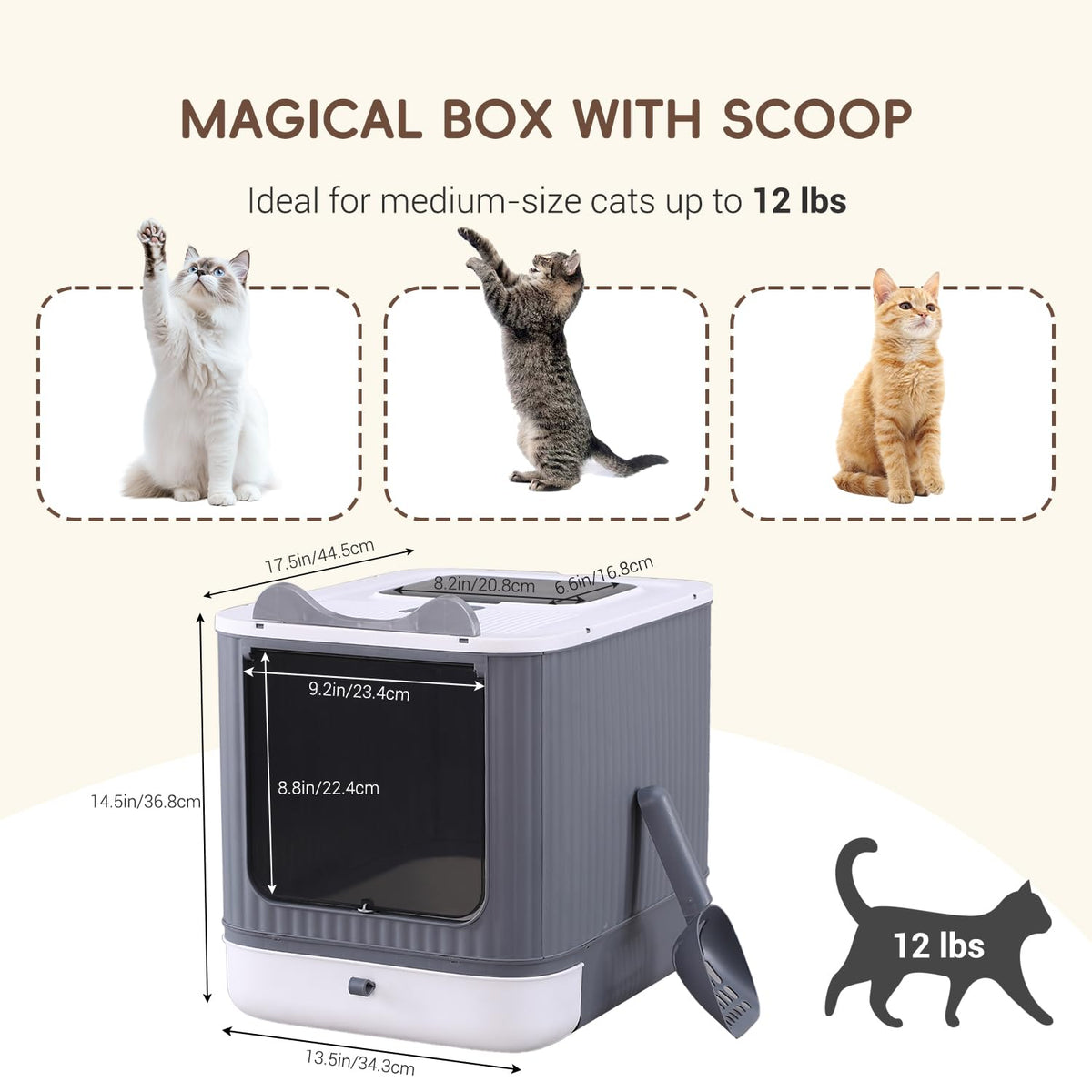 Covered Cat Litter Box with Lid for Kitten to Medium, Grey-White
