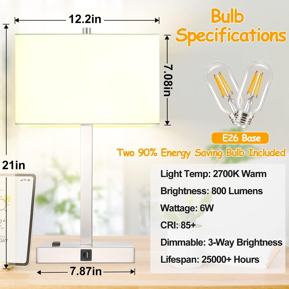21" Touch Bedside lamps with 2 USB & AC Outlets, 3-Way Dimmable Bedside Table Lamps Set of 2 for Bedroom Living Room Office Reading, White Shade Lamps for Night Stands, 3000K LED Bulbs Included