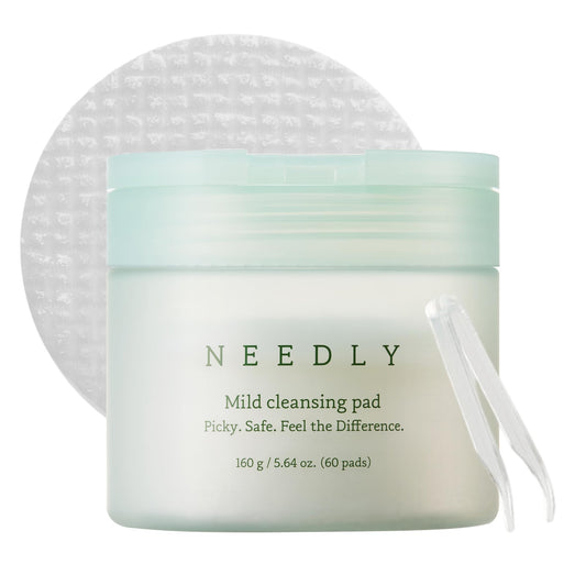 NEEDLY Mild Cleansing Pad, Makeup Remover for Sensitive Skin (60 Pads), Triple Deep Cleansing, Barrier Care with Only Two Surfactants & Panthenol, Extra-Large Soft Vegan Pad, Korean Skincare
