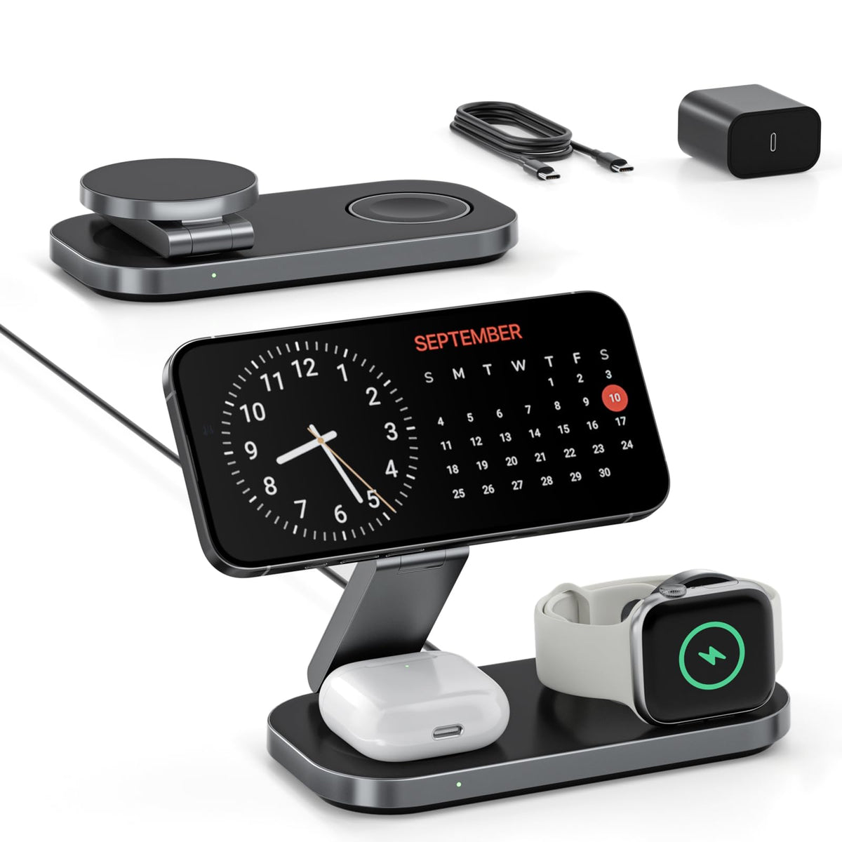 Keepro 3-in-1 Charging Station for Apple Device, Foldable Magnetic Wireless Fast Charger Stand Compatible with MagSafe for iPhone 17e/17/16/15/14/13/12/Air Series, Apple Watch & AirPods-Black