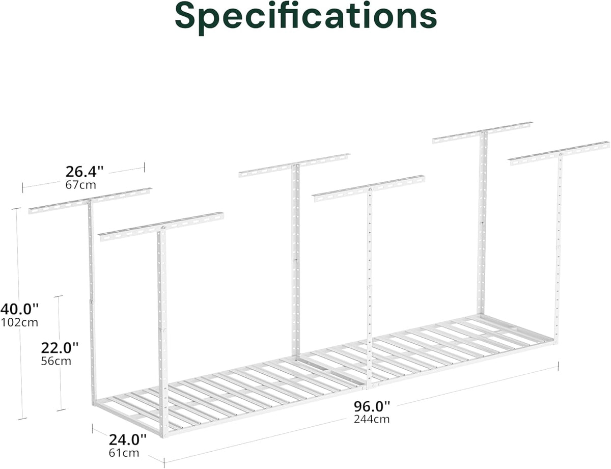SunsGrove 2x8 Garage Storage Overhead Rack Organization, Adjustable Ceiling Mounted Storage Racks, 800LBS Weight Capacity, 22"-40" Ceiling Dropdown, White