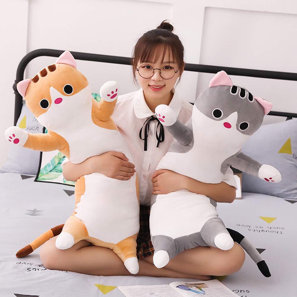 Jensquaify Long Cat Plush Pillow - Cute Kitten Stuffed Animal Body Hugging Toy for Kids, 19.68 Inch (Brown)
