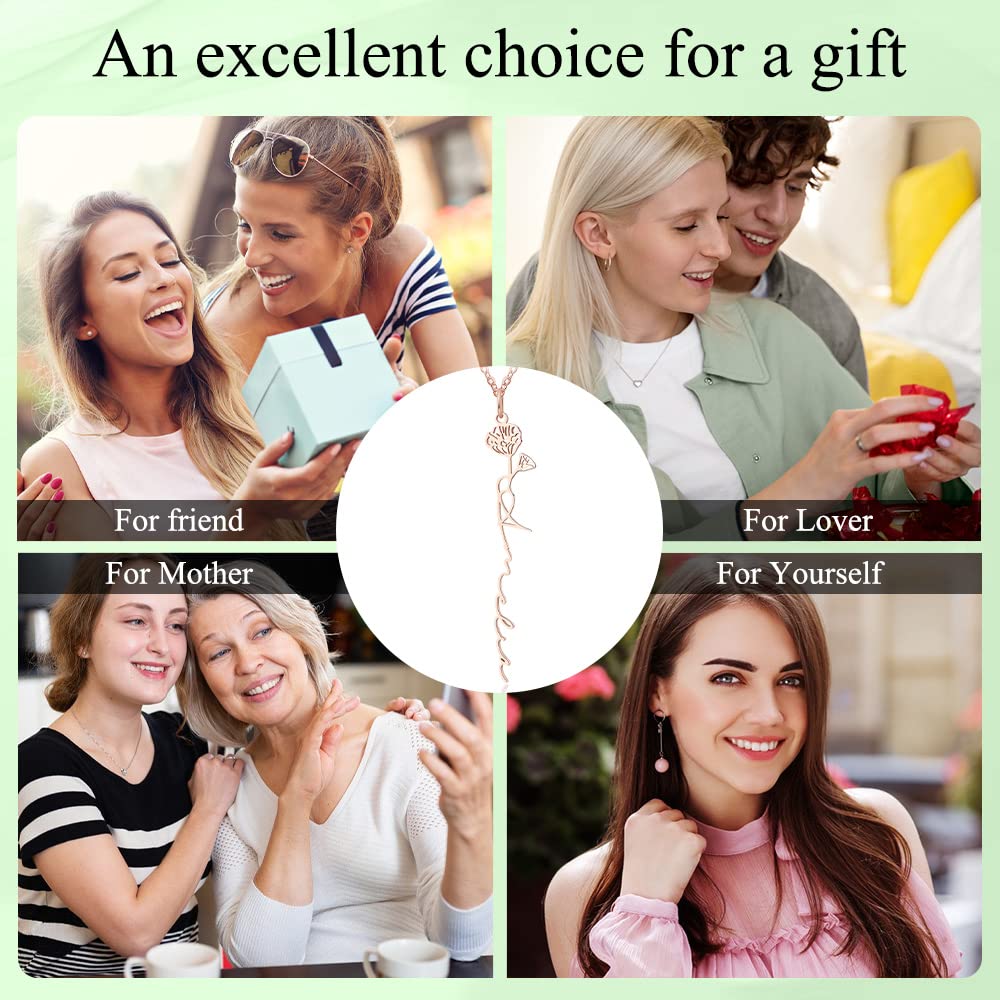 Fortheday Name Necklace Gifts for Women - Personalized Birth Flower Necklace Christmas Necklace with Birthday Month Flower Custom Jewelry Gifts for Mom Grandma Wife (Rose Gold-Birthflower)