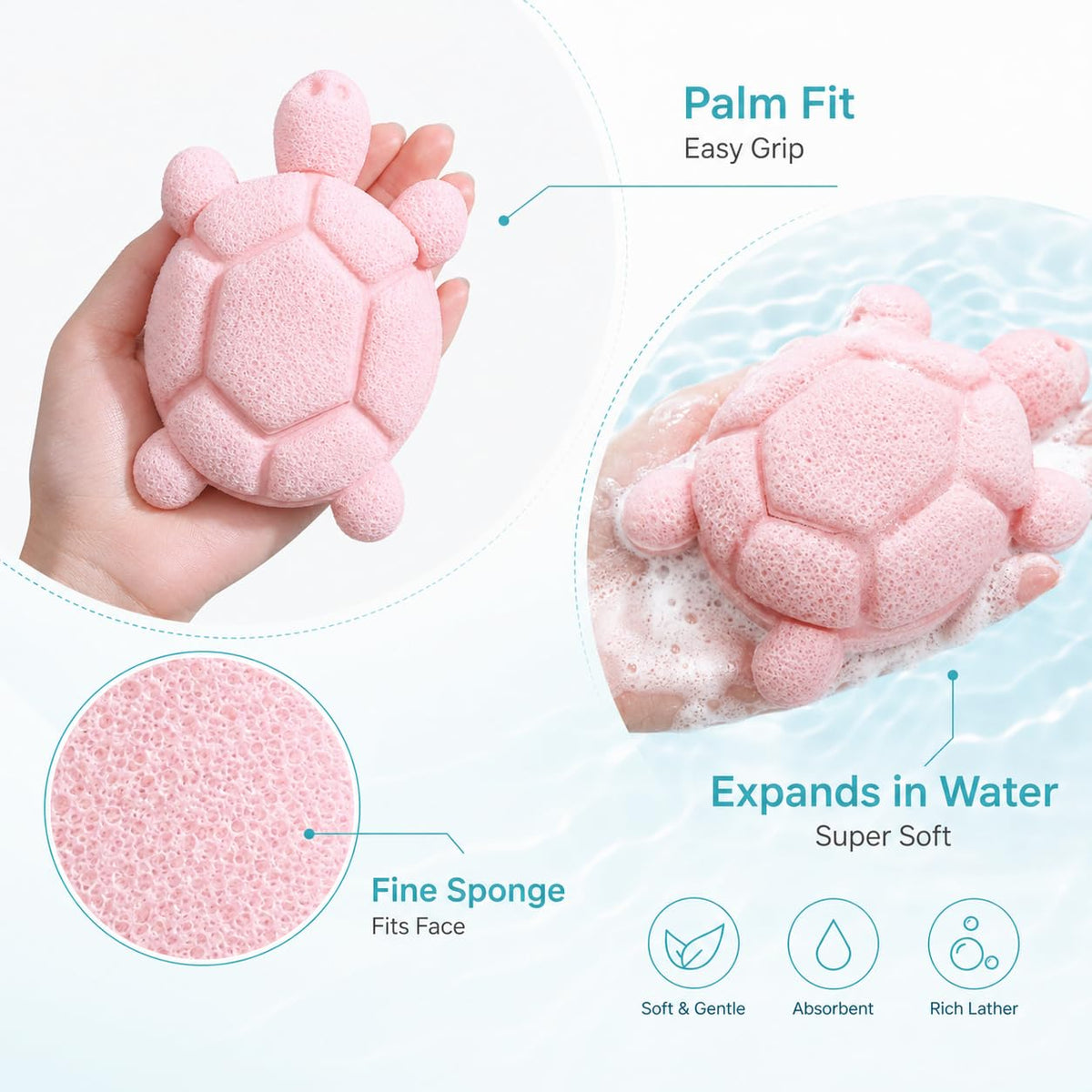 Coieaa Cute Turtle Facial Sponge, Soft Reusable Face Scrubber Exfoliator, Gentle Makeup Remover & Daily Cleansing Sponge, Ideal for Sensitive Skin (6, Pink & Purple)