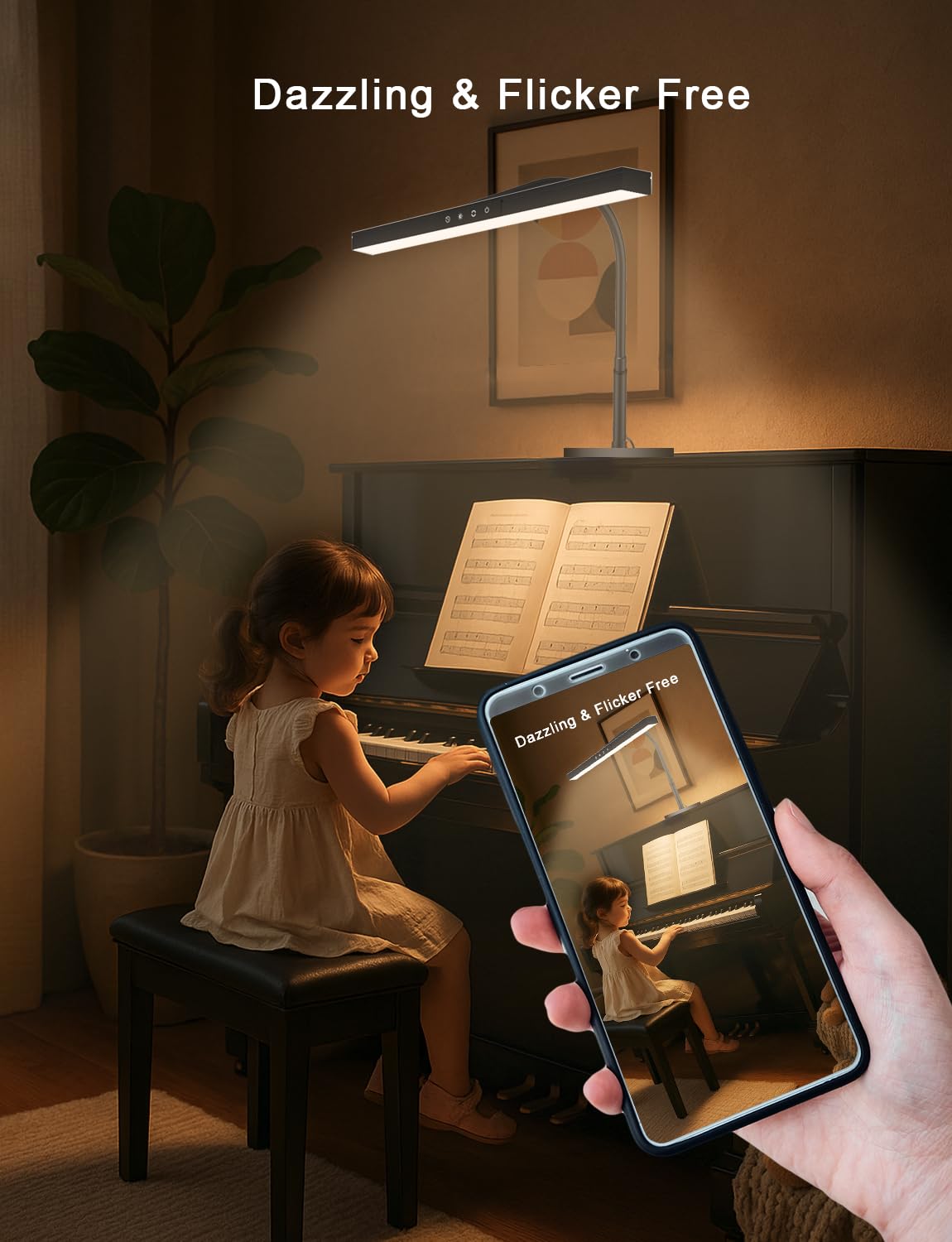 Piano Light for Upright Piano,Wide Illumination Covering Music Sheet 88 Key LED Piano Lamp for Grand/Digital Pianos,Dimmable Desk Lamp 3 Color Modes,Gooseneck,Timer,Eye Care Music Stand Light Black