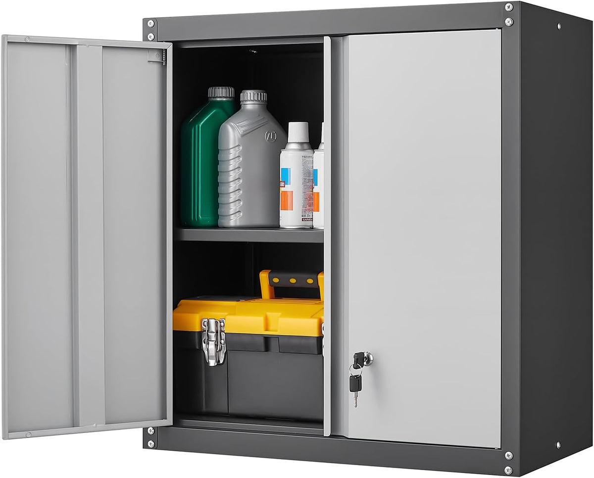 LUCYPAL Garage Wall Cabinet,Metal Wall Storage Cabinet with Adjustable Shelf and Locking Doors,Floating Utility Cabinets for Warehouse/Basement/Kitchen (Black&Grey,27.95" H)