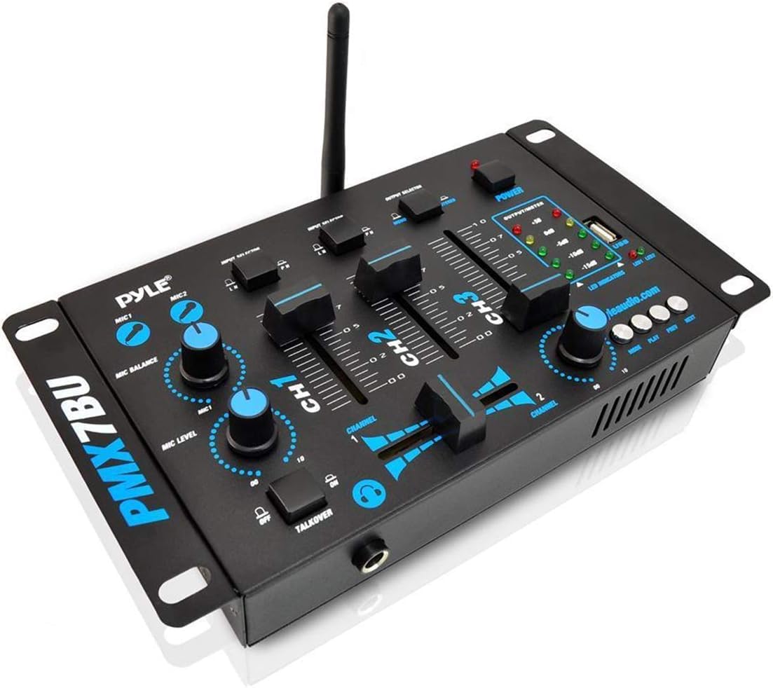 Pyle Wireless DJ Audio Mixer - 3 Channel Bluetooth Compatible DJ Controller Sound Mixer, Mic-Talkover, USB Reader, Dual RCA Phono/Line In, Microphone Input, Headphone Jack, Black - PMX7BU.5