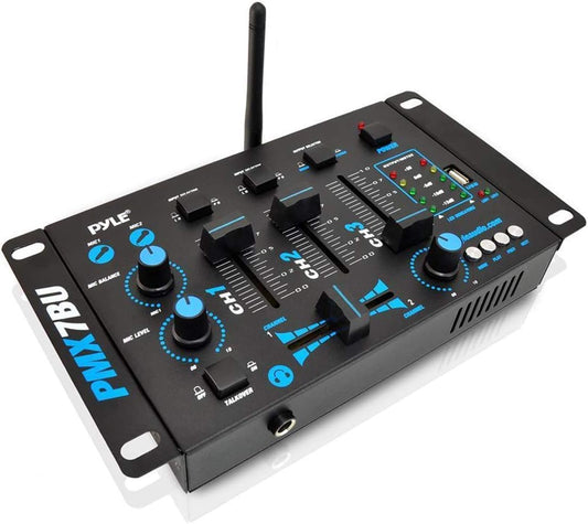 Pyle Wireless DJ Audio Mixer - 3 Channel Bluetooth Compatible DJ Controller Sound Mixer, Mic-Talkover, USB Reader, Dual RCA Phono/Line In, Microphone Input, Headphone Jack, Black - PMX7BU.5