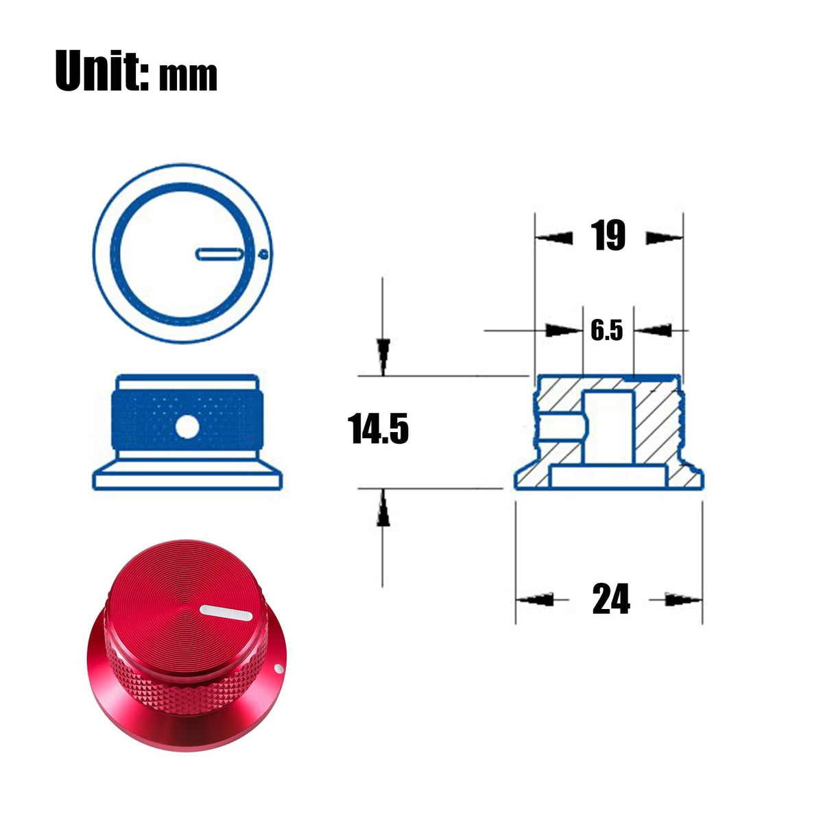 4Pcs Electric Guitar Knobs Red Aluminium Volume Tone Top Hat Speed Control Knob for Les PAU Stracaster Telecaster Tele Guitar Parts (Red)