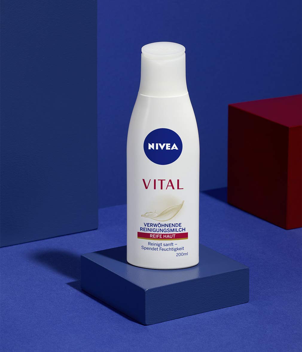 NIVEA VITAL Pampering Cleansing Milk for Mature Skin 6.76 fl oz (200 ml), German Import Gentle Daily Facial Cleanser, Makeup Remover Lotion with Grape Seed Oil for Face and Neck