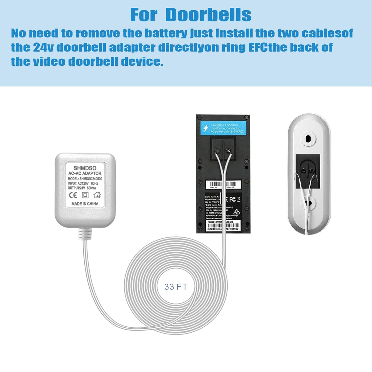 24V Doorbell Transformer， 24V500mA Video Doorbell Power Adapter