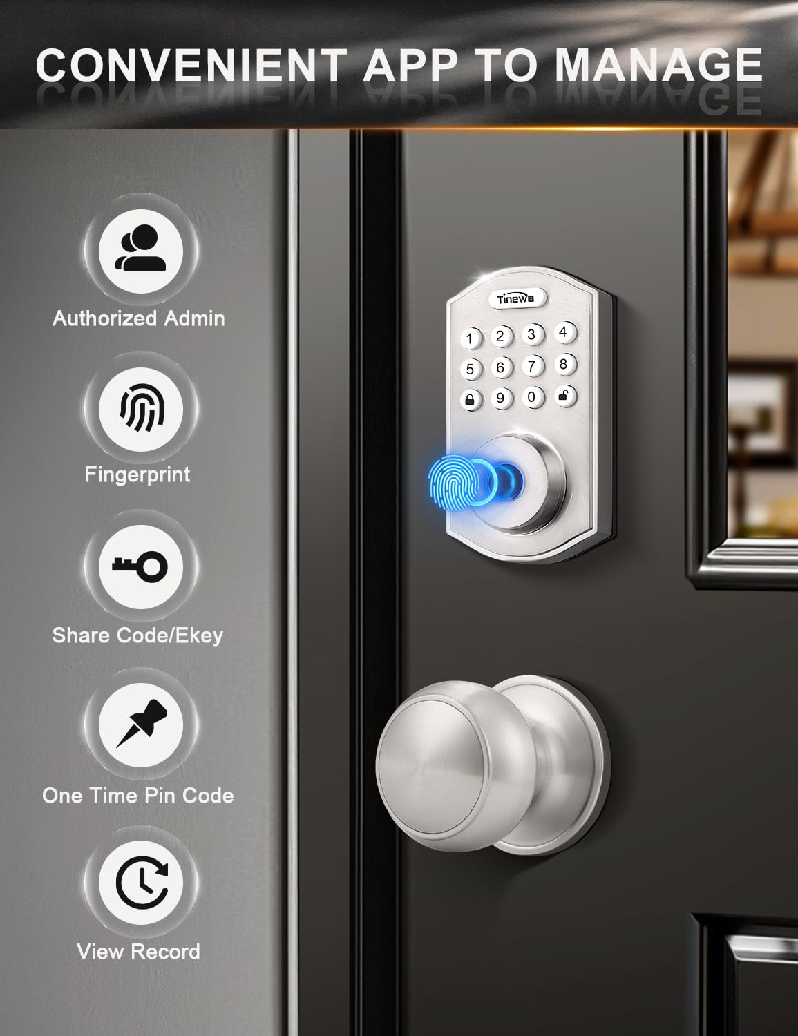 Tinewa Smart Locks for Front Door - Satin Nickel Keyless Entry Door Lock with Flat Ball Door Knobs, Electronic Digital Keypad Deadbolt with Fingerprint, APP Control, Easy Installation, Home Security