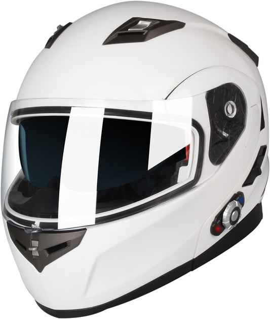 FreedConn BM2-S Bluetooth Motorcycle Helmet, Flip-Up Modular Motorbike Helmet, 500M Connectivity for 2-3 Riders, Voice Dial, Hands-Free Call, MP3, FM, DOT Certified (Medium, White)