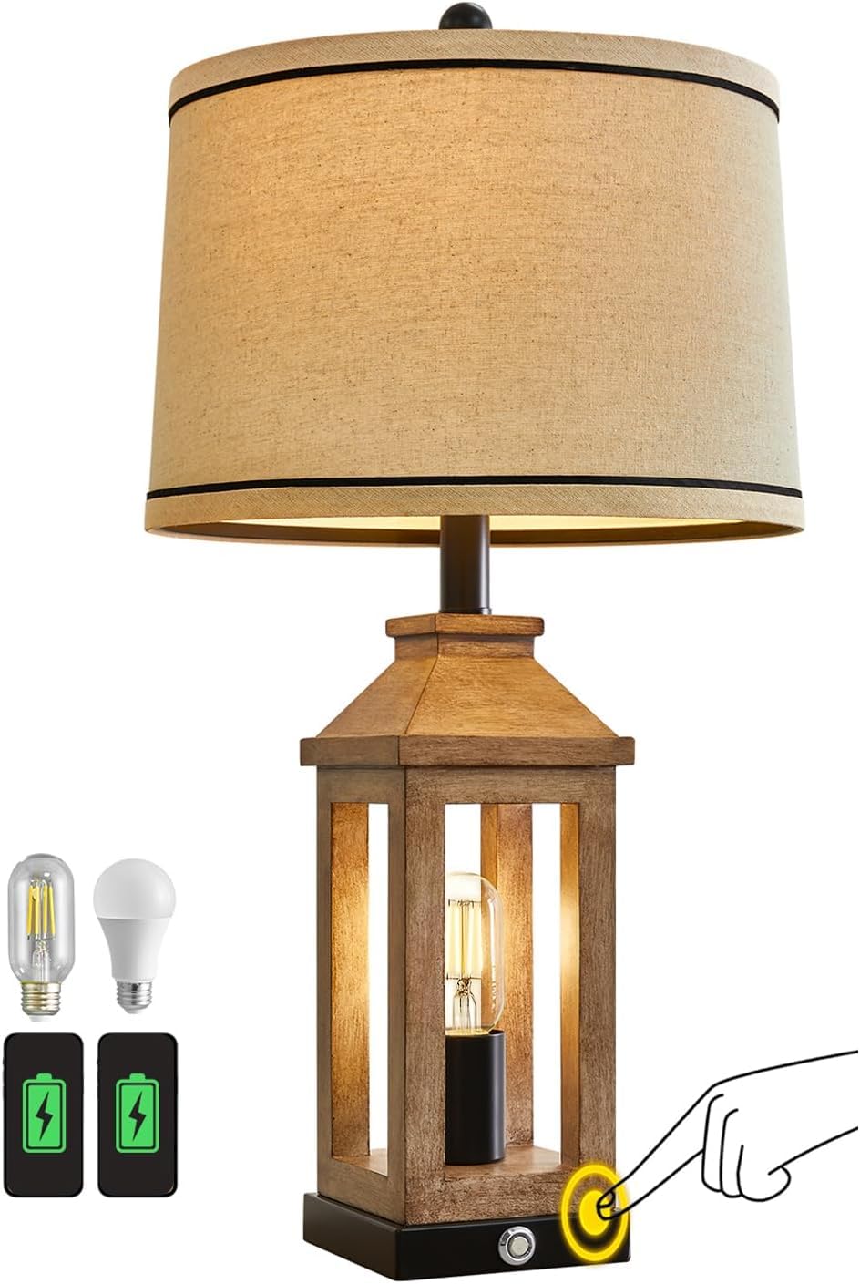 G-SAFAVA 23.75" Farmhouse Table Lamps USB A+C Charging Ports 3-Way Dimmable