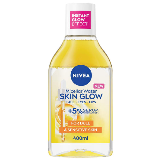 NIVEA Skin Glow Micellar Cleansing Water for Face Eyes Lashes – Gentle Daily Makeup Remover and Facial Cleanser with Vitamin C & E and Amino Acid Complex for Sensitive Skin, 13.5 fl. oz