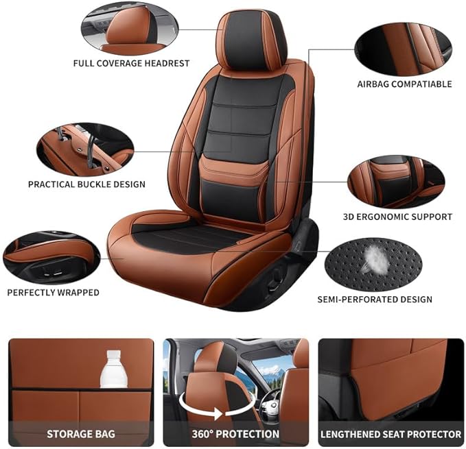 Car Seat Covers Full Set Custom Fit for Mercury Grand Marquis 1995-2011-Luxury Leather with Lumbar Support, Breathable, Waterproof, Anti-Slip, Durable, Easy to Install (BlackBrown,Full Set)
