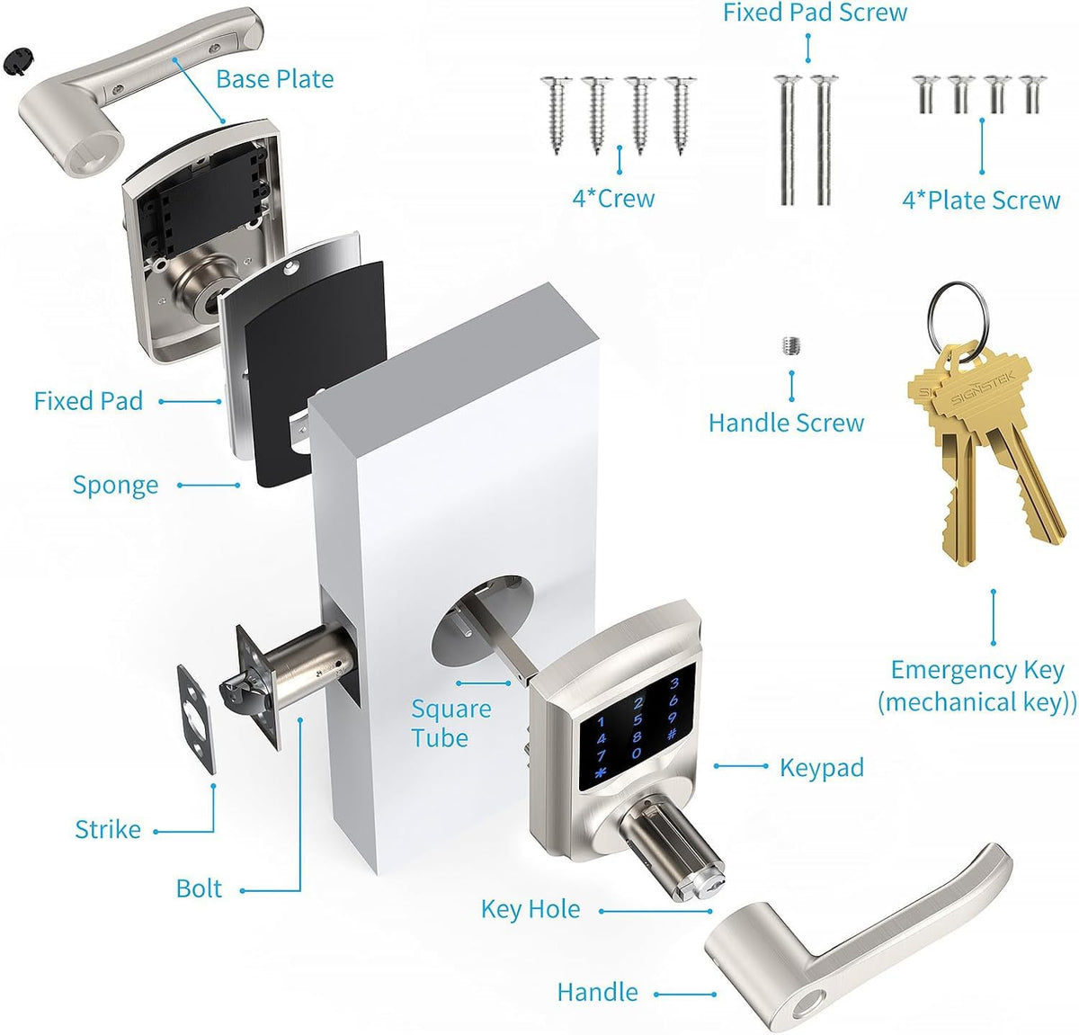 Signstek Keyless Entry Door Lock, Keypad Door-Lock with Code, Electronic Digital Smart Lock for Front Door with Handle, Touchscreen, Satin Nickel