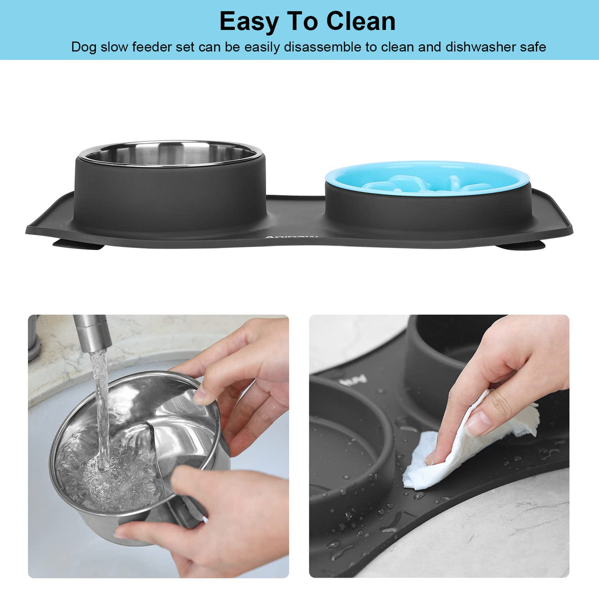 Slow Feeder Dog Bowls 3 in 1 Stainless Steel Food Water Bowl to Slow Eating
