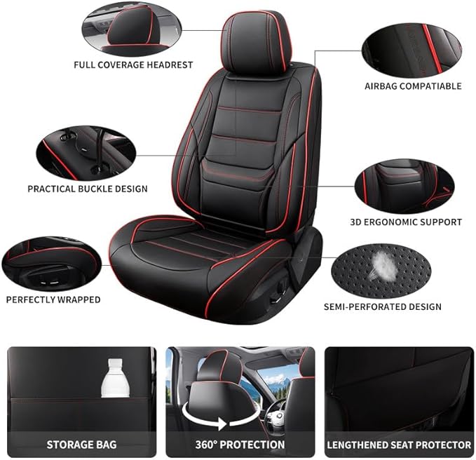 Car Seat Covers Full Set Custom Fit for Ford Taurus 1999-2018-Luxury Leather with Lumbar Support, Breathable, Waterproof, Anti-Slip, Durable, Easy to Install (Black&Red,Full Set)
