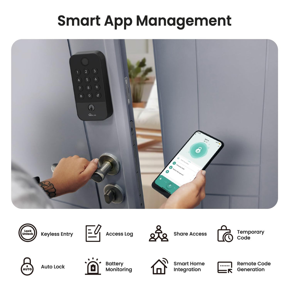 TREATLIFE Smart Door Lock with WiFi Bluetooth Gateway, Keyless Entry Door Lock with Code, Fingerprint and Keypad Deadbolt for Front Door, App Remote Control, Auto Lock, Black