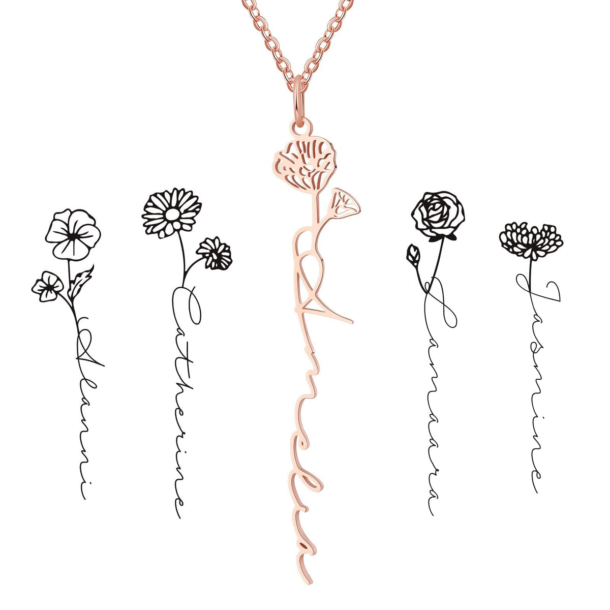 Fortheday Name Necklace Gifts for Women - Personalized Birth Flower Necklace Christmas Necklace with Birthday Month Flower Custom Jewelry Gifts for Mom Grandma Wife (Rose Gold-Birthflower)