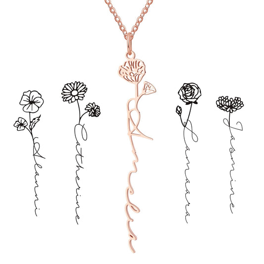 Fortheday Name Necklace Gifts for Women - Personalized Birth Flower Necklace Christmas Necklace with Birthday Month Flower Custom Jewelry Gifts for Mom Grandma Wife (Rose Gold-Birthflower)