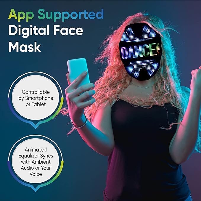 Pixel Stackers Face Transforming LED Mask App-Controlled Light Up Cosplay Mask with 115+ Animated Faces, Customizable LED Patterns, Rechargeable Battery Rave, Festival, Halloween, DJ Accessory