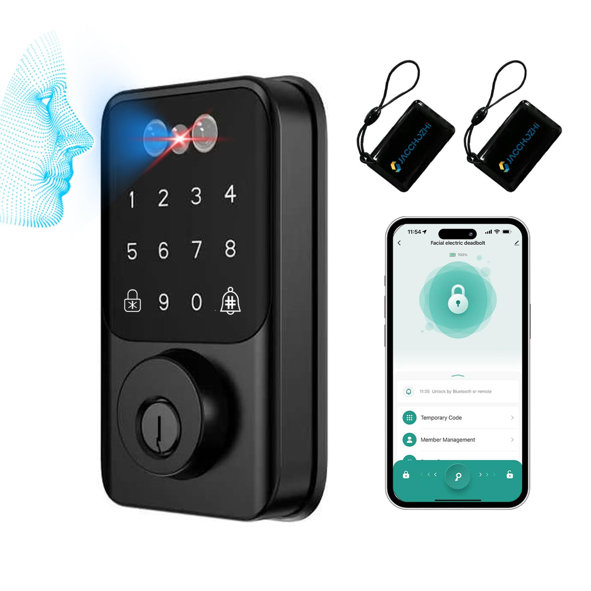 Jacchozhi 3D Face Recognition Door Lock,Keyless Entry Smart Deadbolt Lock for Front Door, Electronic Digital Keypad, Tuya App Control,One-Time Code,Auto-Lock,IP54 Waterproof