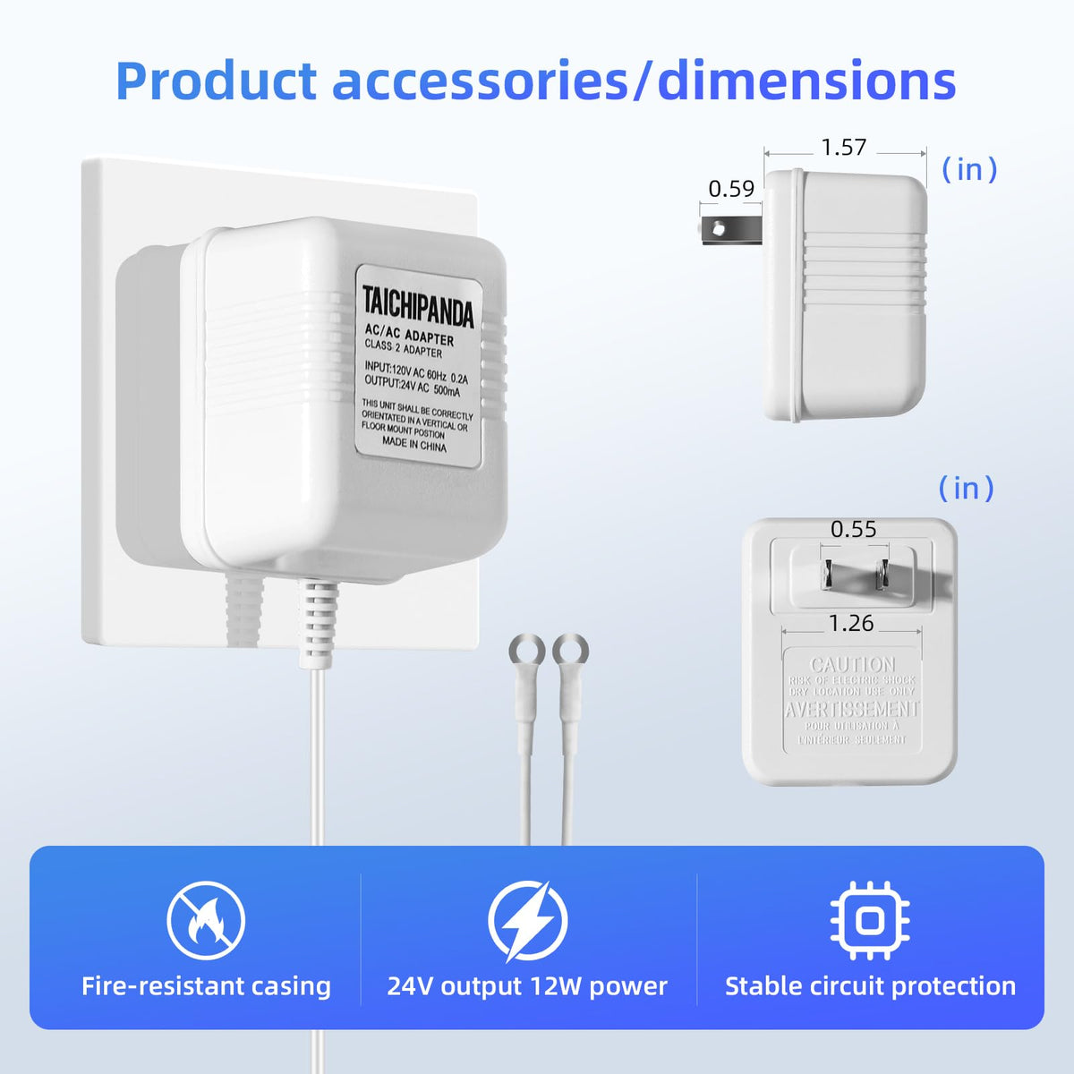 24V 500mA Doorbell Transformer, AC Adapter & 18ft Power Cable