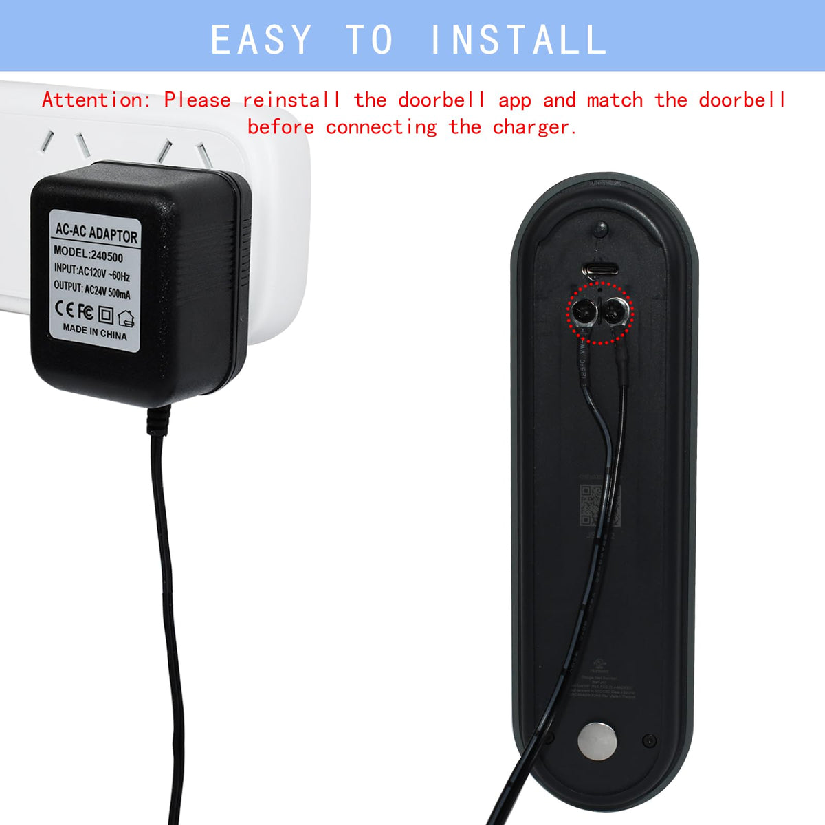 VVHOOY 24V Transformer Doorbell Power Adapter Compatible with Google Nest,Wyze,Eufy Video Doorbells, C Wire Adapter 16.4ft/5m Extension Cable Doorbell Power Adapter Doorbell Supply Cord