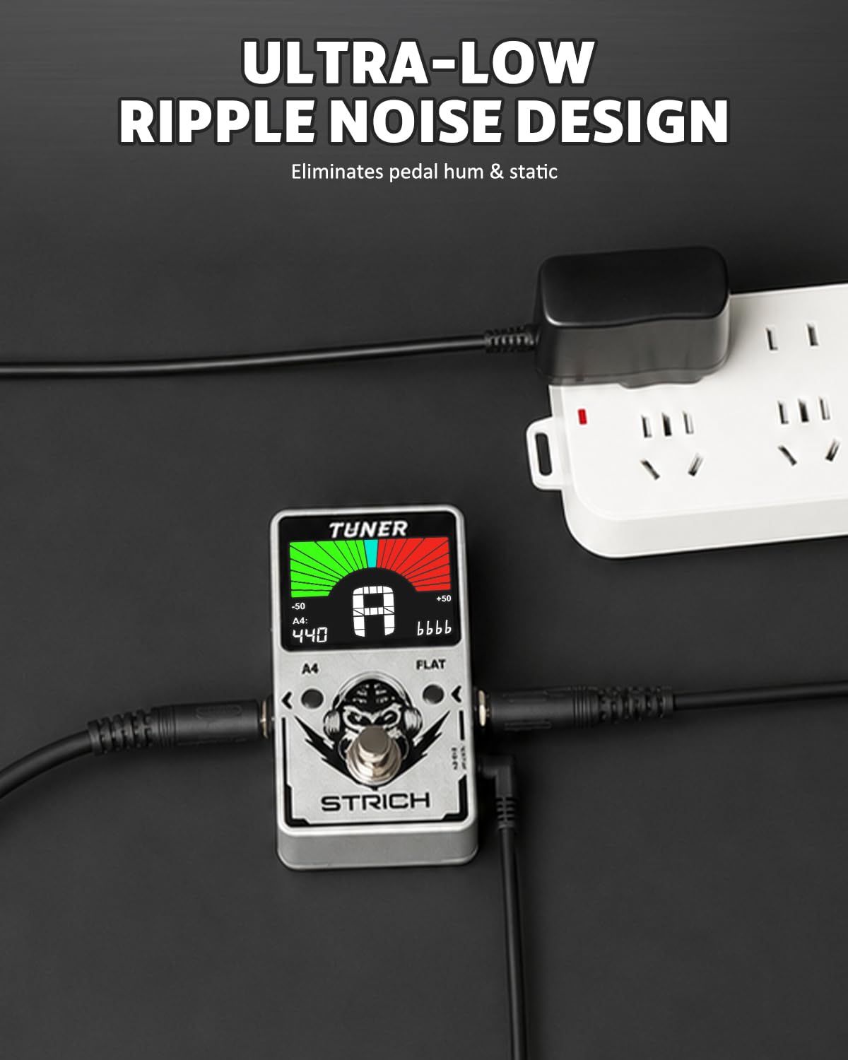 STRICH Tuner Pedal with a Power Supply, Compact with Large Color Screen - Precision Chromatic Drop Tuning, 430-450Hz A4, True Bypass for Electric Guitar & Bass, Silver