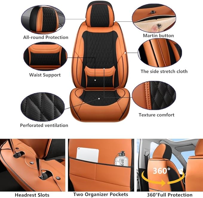 Front Seat Car Seat Covers Custom Fit for Ford Focus 2000-2018 - Premium Faux Leather with Lumbar Support | Breathable, Waterproof, Anti-Slip, Durable (Black&Brown,Front Seat)