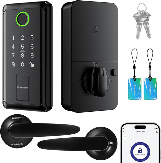 Evanshow Keypad Door Lock with Handle, Electronic Digital Keypad Deadbolt with App, Keyless Entry Fingerprint Lock Auto Lock & One Touch Locking, Front Smart Door Handle Sets