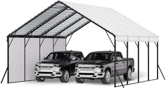 VEVOR Heavy Duty Metal Carport, 20 x 20 ft Outdoor Carport with Sturdy Frame & Roof, Car Garage Shade with Removable Sidewalls, Multi-Use Car Shelter for Pickup, Boat, Trucks & Tractors