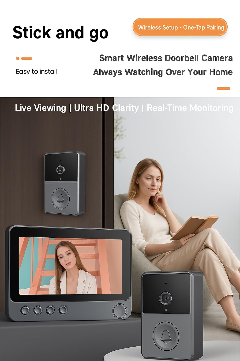 Wireless Video Doorbell with 4.3" Touchscreen Monitor, No WiFi Required, Battery Powered Door Bell Camera with Two-Way Audio, Offline Home Security System