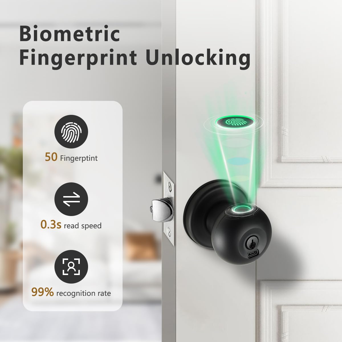 Buoan Fingerprint Door Knob, Smart Fingerprint Door Knob with Lock, Black