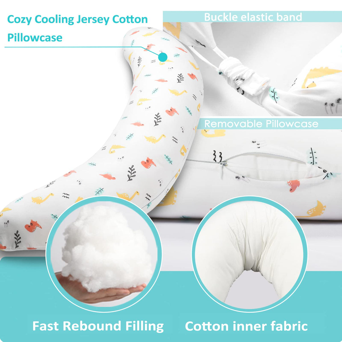 BYRIVER C Shaped Pregnancy Pillow with Cover, Knee Pillow for Side Sleeper Knees Legs Hips Pain, Leg Pillow Elevation for Lower Back Pain, Versatile Small Body Pillow for Sleeping(Dino)