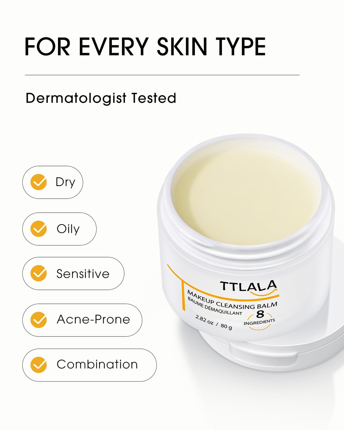 TTLALA Cleansing Balm, Only 8 Ingredients Makeup Remover Balm, Waterproof Eye Make Up Remover with Vitamin E, Gentle and Nourishing, Skin-friendly and Suitable for All Skin Types 2.82 oz
