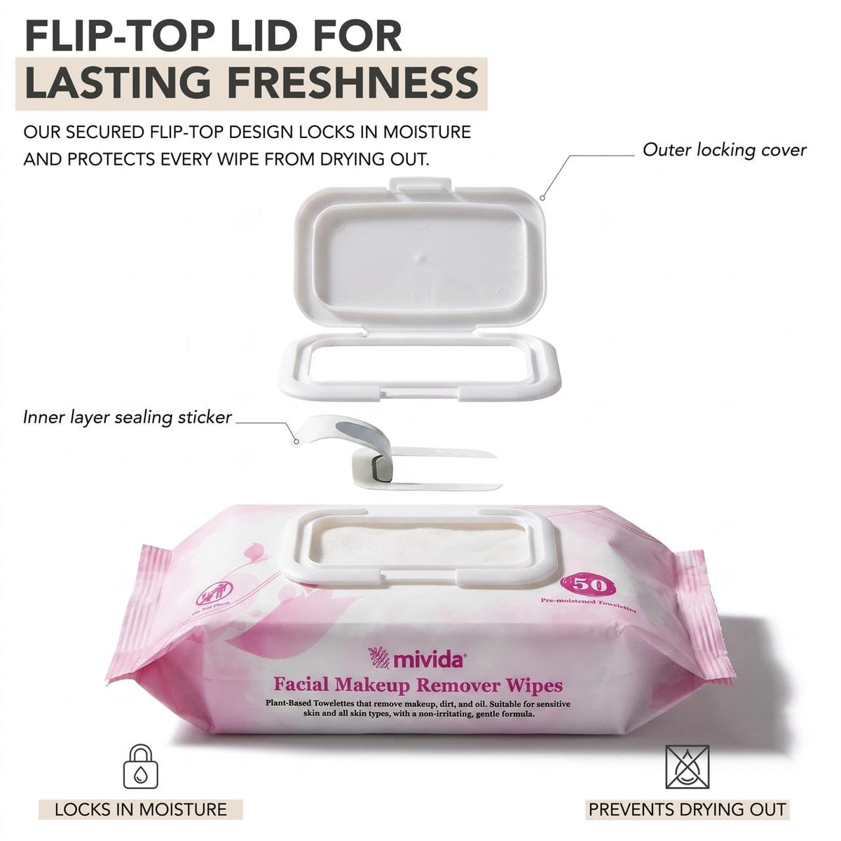 mivida Professional Makeup Remover Wipes Bulk Case | 500 Wipes (10 Packs x 50) | HRIPT Dermatologist Tested | Fragrance Free | For Salons, Spas, Clinics, Hotels & Makeup Artists