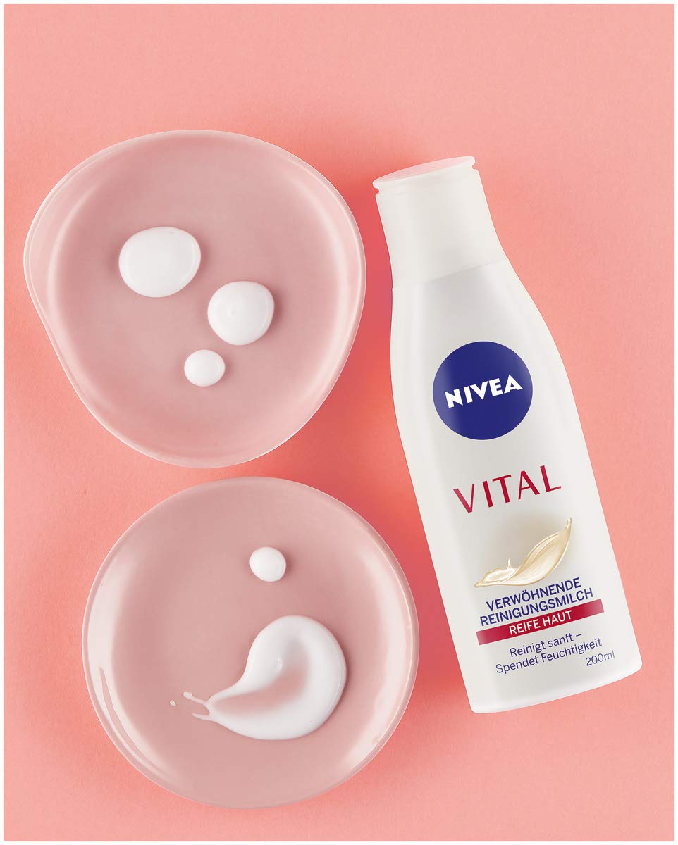 NIVEA VITAL Pampering Cleansing Milk for Mature Skin 6.76 fl oz (200 ml), German Import Gentle Daily Facial Cleanser, Makeup Remover Lotion with Grape Seed Oil for Face and Neck