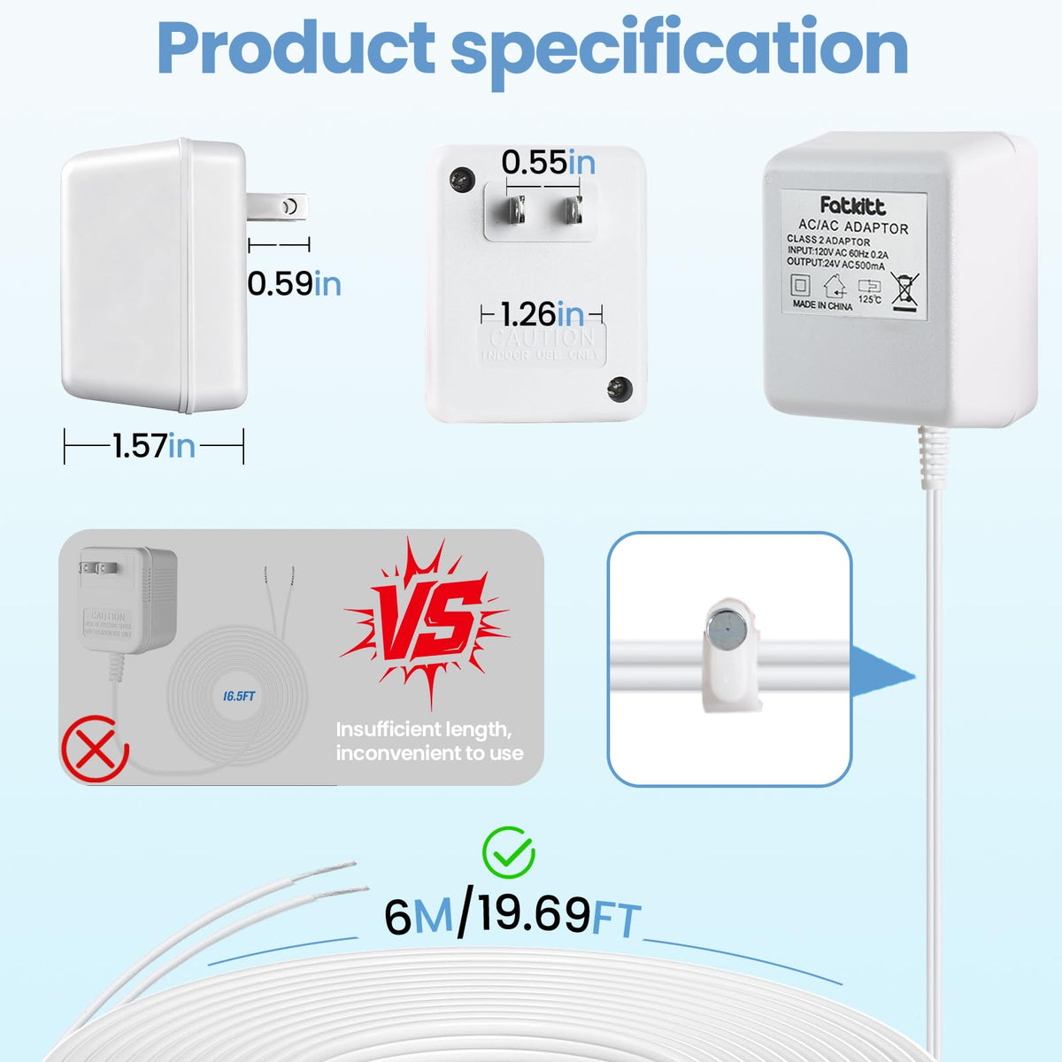 24V AC Doorbell Transformer - 6M (20ft) Long Cable C Wire Power Adapter