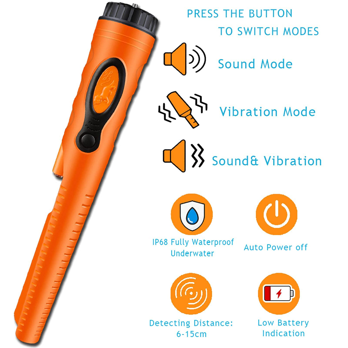 Fully Waterproof Pinpoint Metal Detector Pinpointer - 360° Search Pinpointing Finder Probe Treasure Hunting Tool Accessories for Adults and Kids (Three Mode) Hs08 Orange